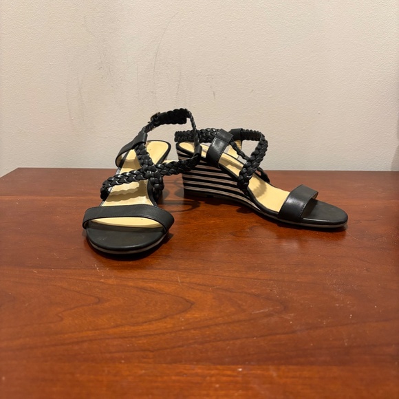 Talbots Royce Braided Leather Striped Cork Wedge Sandals in Black Size 6 - Picture 2 of 10